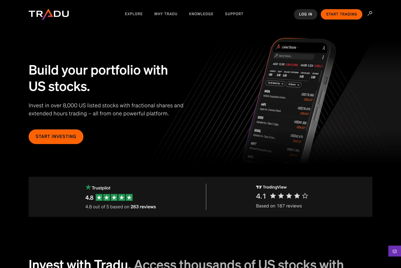 Tradu website — trading stocks and crypto web design